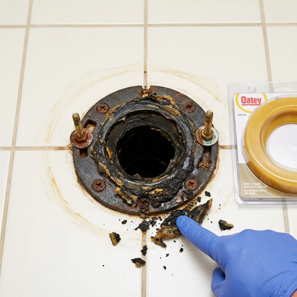 Failed wax ring showing water seepage at the base of a toilet in a Clinton, OH home