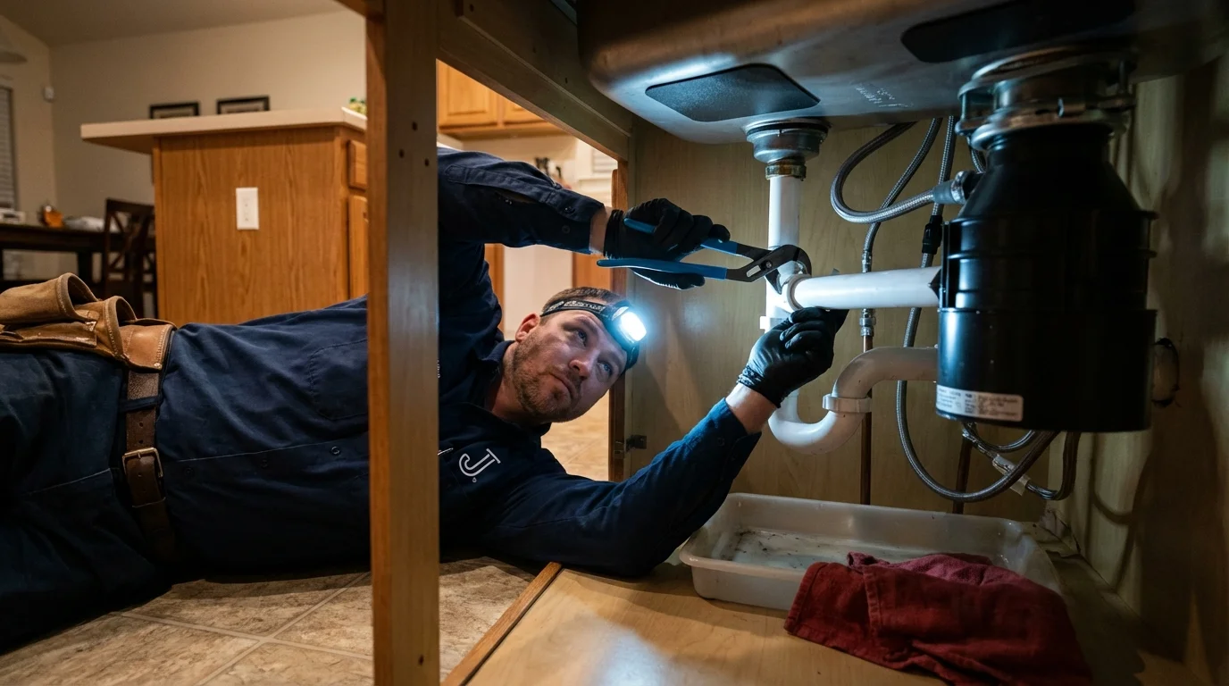 P-trap and supply line connections under a kitchen sink showing a common leak point in Clinton, OH